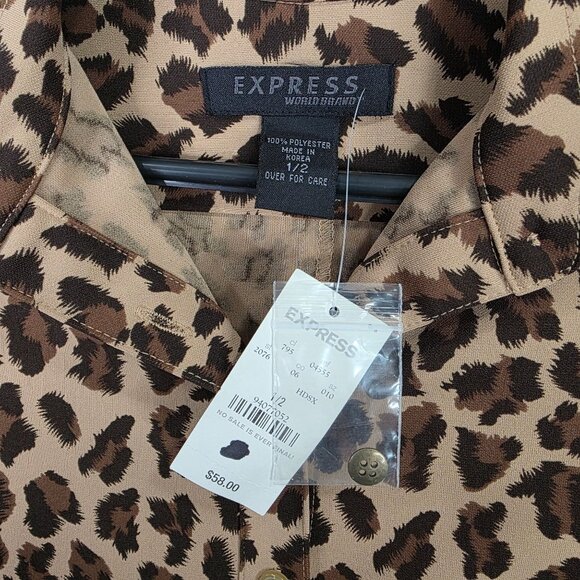 Womens Express Brown Animal Print Dress Button Up Long Sleeve Size 1/2 - Picture 2 of 9